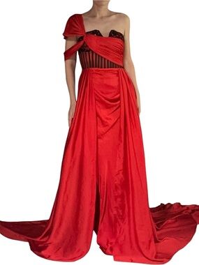 Red and Black Off The Shoulder Corset Bustier Draped Formal Maxi Gown